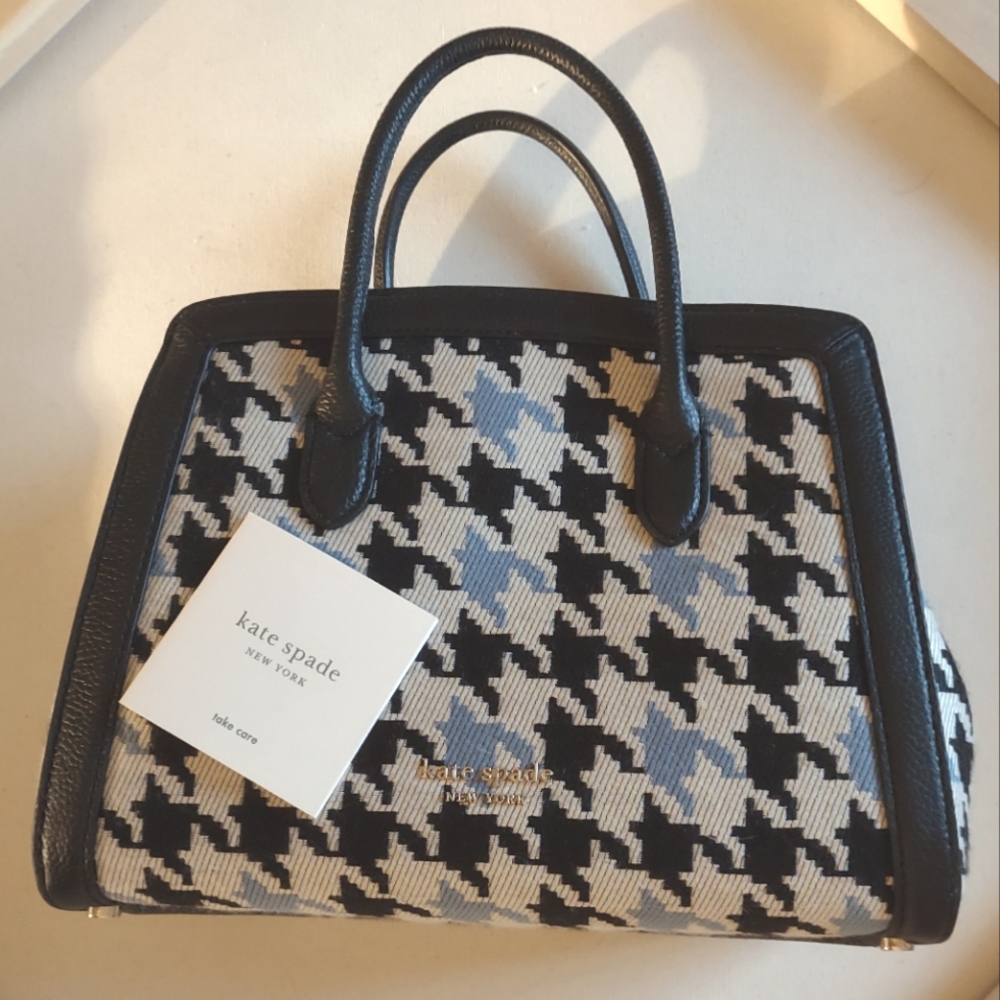 Kate Spade KNOTT Black & Blue Chenille Houndstooth Medium Open-Top Satchel EUC